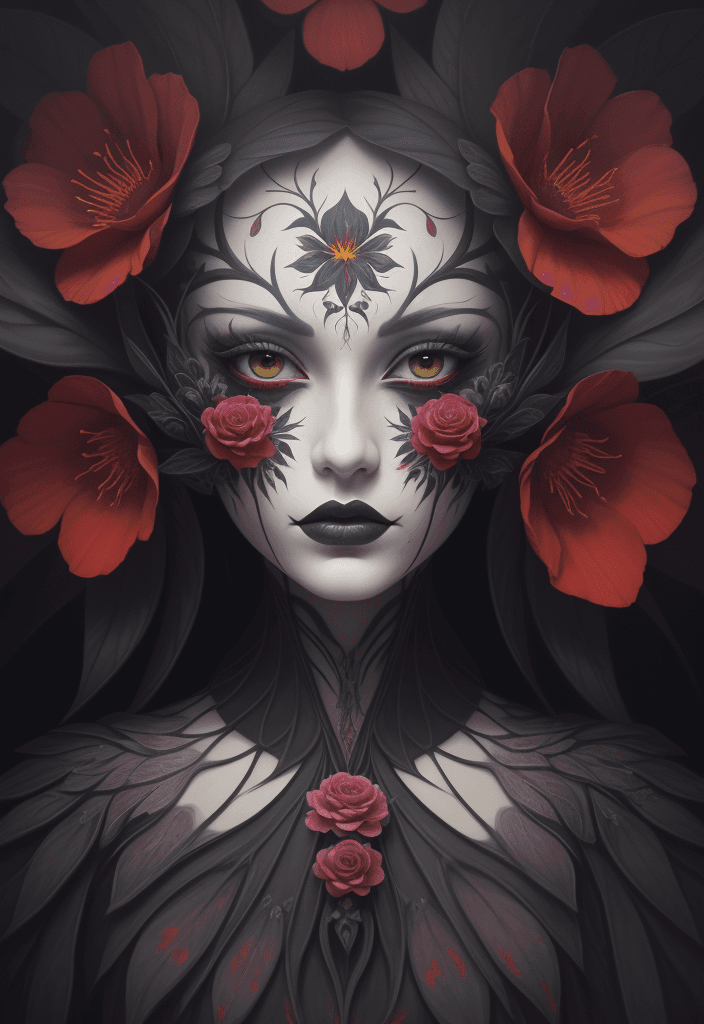 AI generated: floral, background, sinister, symmetrical, painted-face, fantasy, oil on canvas, color, palette, 8k,...