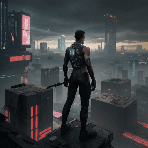 AI generated: guy stands on a roof and in the background is a destroyed cyberpunk world