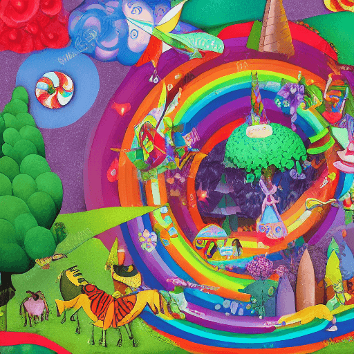 AI generated: Children's book illustration of a unicorn candy land with naturalistic collage imagery.