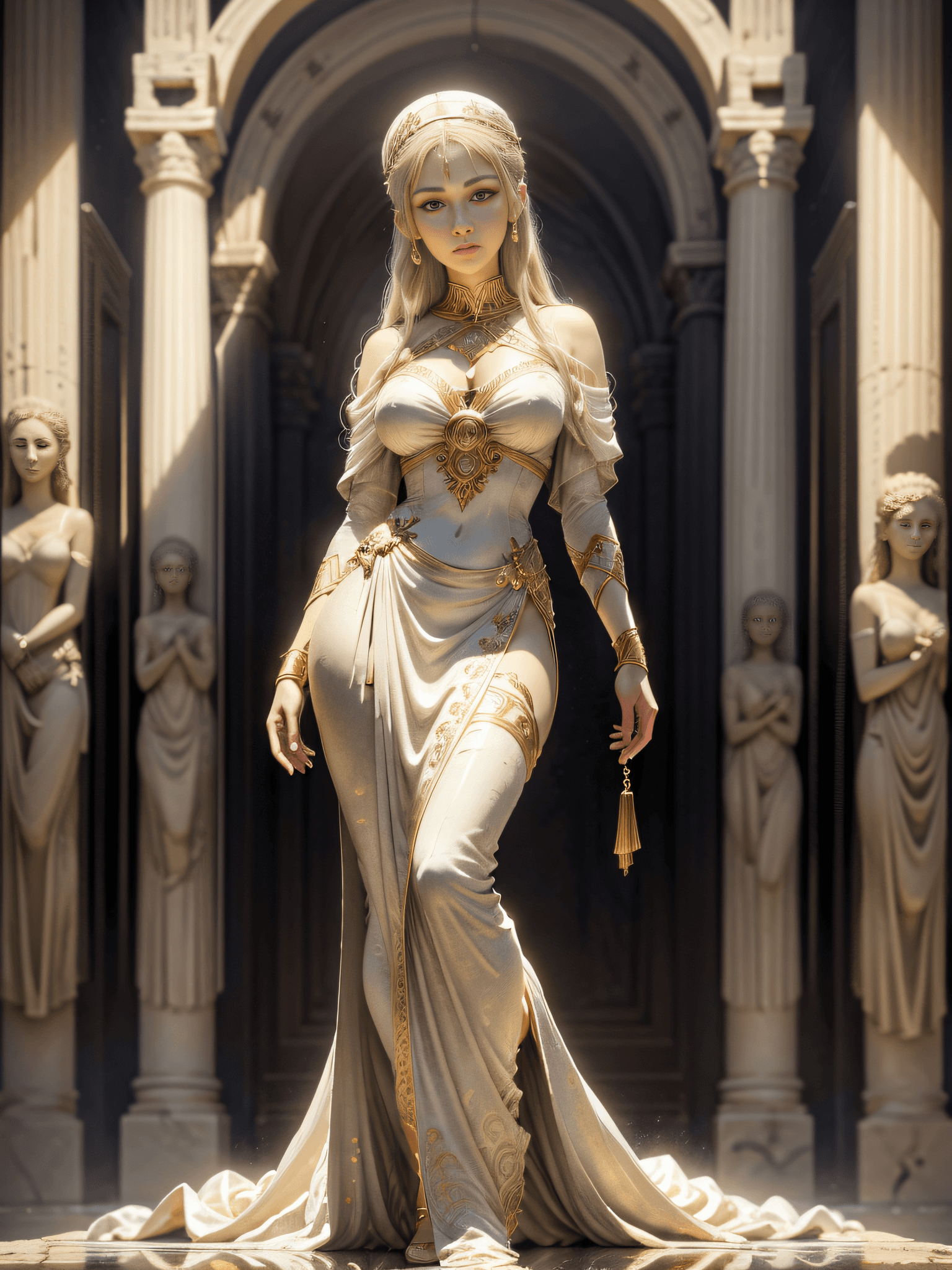 AI generated: half body shot, face shot, An ancient greek godness, made by white marble, cinematic lighting, white...