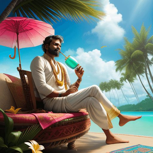 AI generated: 
In a tropical paradise adorned with sunlit clouds, a Tamilian gentleman relaxes atop a magical flyi...