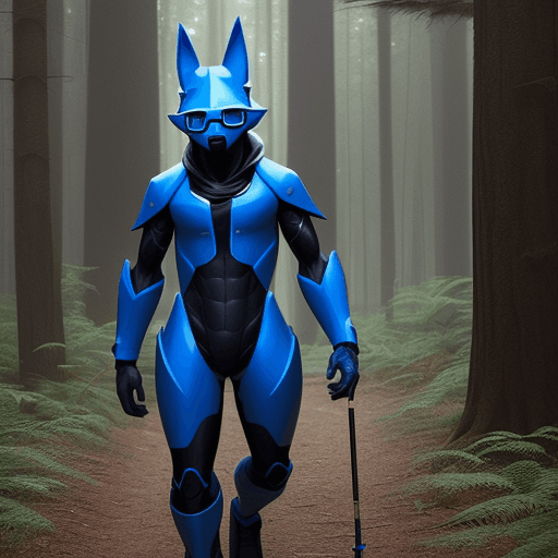 AI generated: a 14 year old boy with glasses walking in the woods with a 6 ft tall blue protogen 