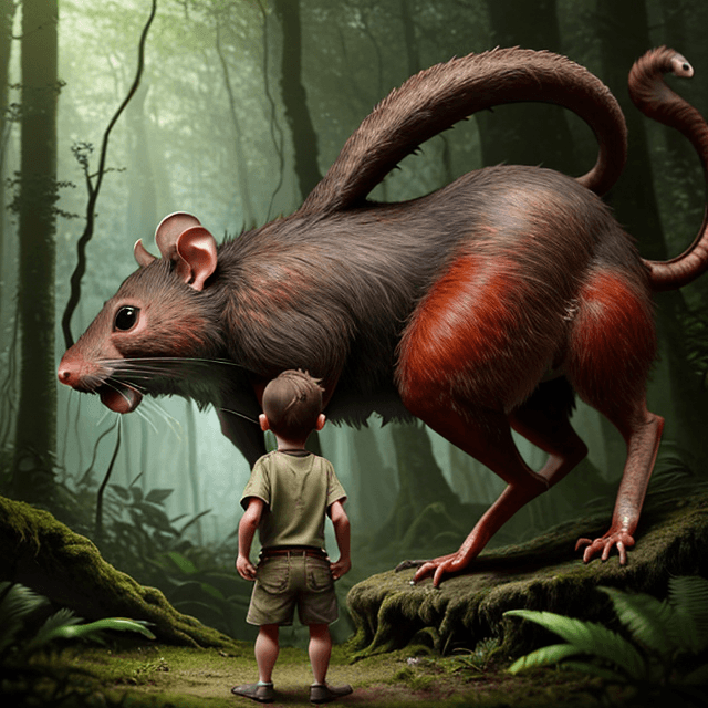 AI generated:  a young prehistoric boy sees a back of red   rat in  a prehistoric forest, side  view, 8k