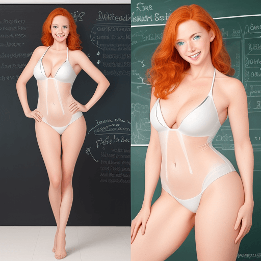 AI generated: sexy teacher, strait ginger hair, perfect eyes, (freckles:0.6), light makeup, gorgeous smile, bright...