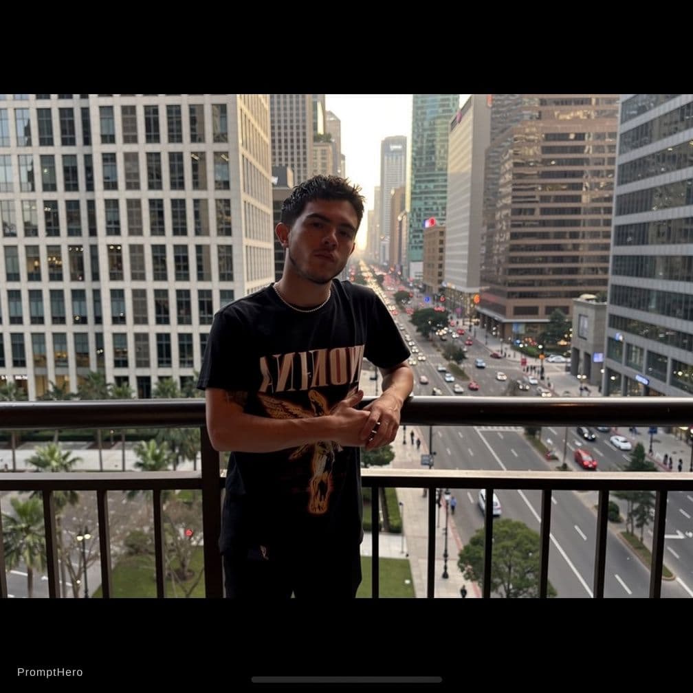 AI generated: Me in a apartment balcony in a big city , has to look like someone took the picture of me 