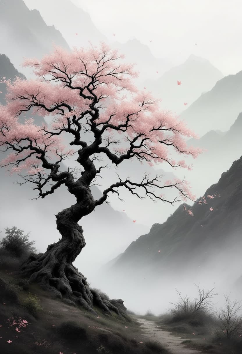 AI generated: Flux Schnell, 2:3 aspect ratio, cinematic grayscale. Traditional Japanese tree in a foggy mountain v...
