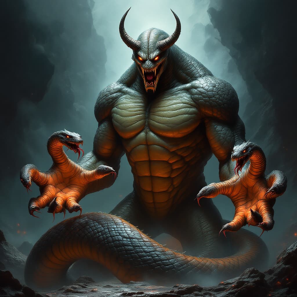 AI generated: A serpentine creature with a human body, its upper torso and arms resembling a humanoid figure, but ...