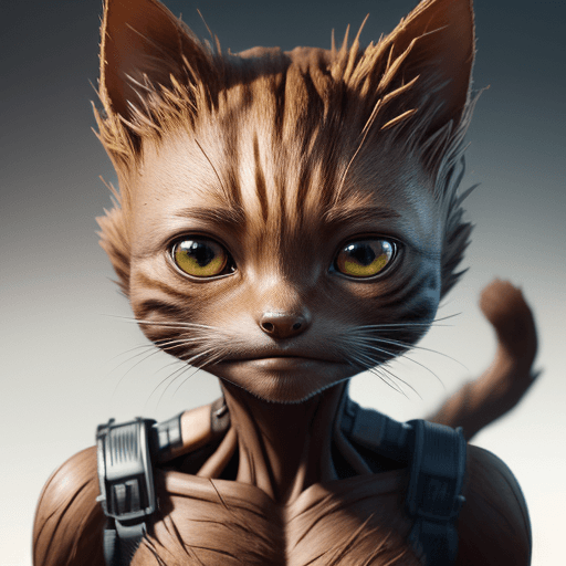 AI generated: cat head anthropomorphic humanoid body, movie poster, marvel little cute Groot character, high detai...
