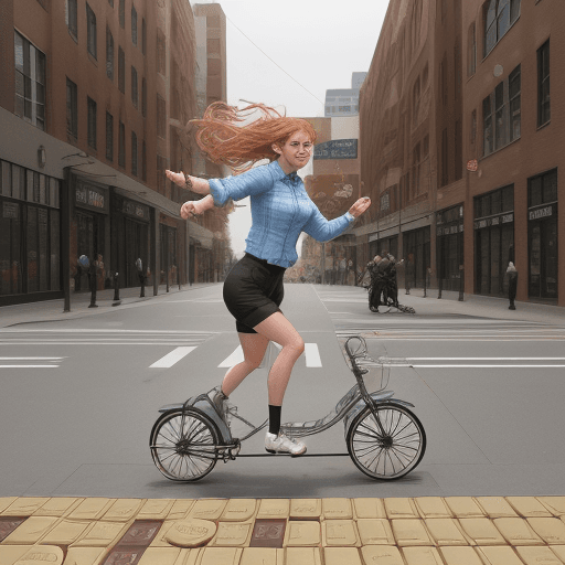 AI generated:  Penny rolling through the streets of a city made entirely of money