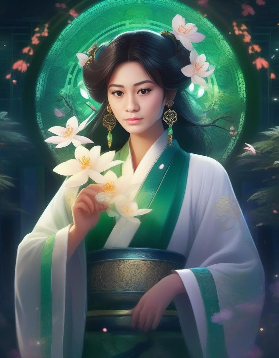 AI generated: A mysterious anime sorcerer from the Tang dynasty with an orchid hair accessory and a jade charm at ...