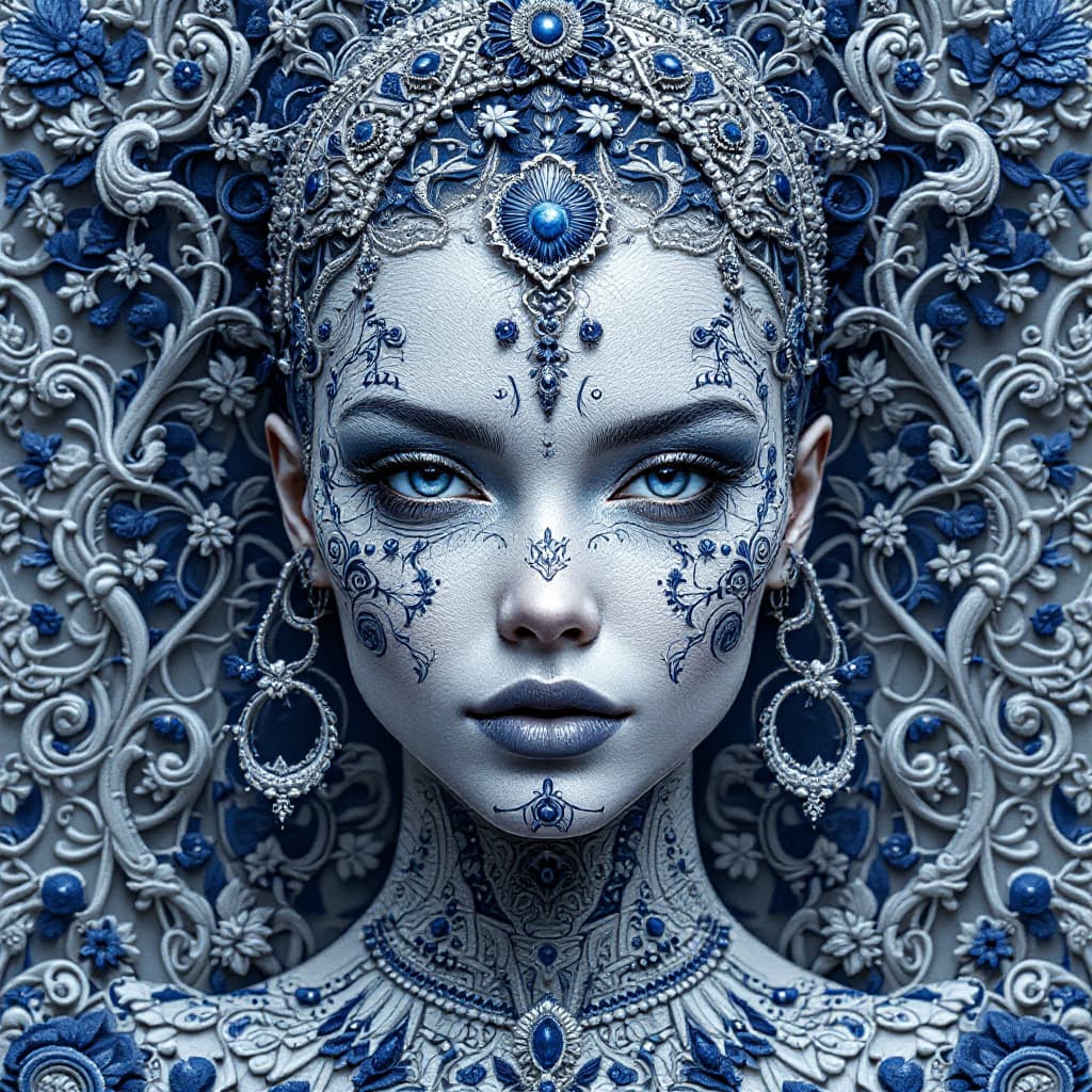 AI generated: a woman made out of rafia, in the style of balanced symmetry, white and blue, detailed facial featur...