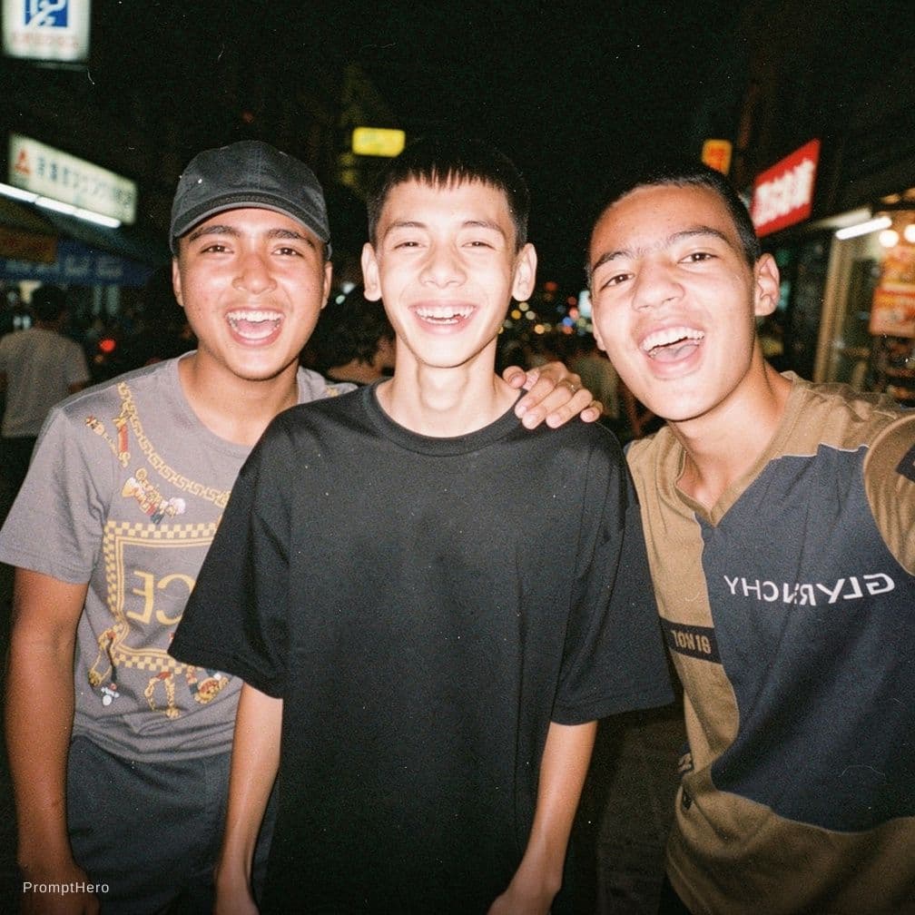 AI generated: photography, snapshot, disposable camera style, this guys, wearing a black oversized t-shirt, laughi...