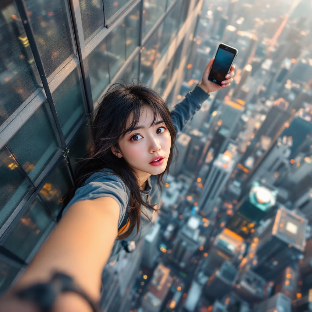 AI generated: Acrophobia composition, a worried Japanese pretty female hangs from the roof of a skyscraper, clingi...