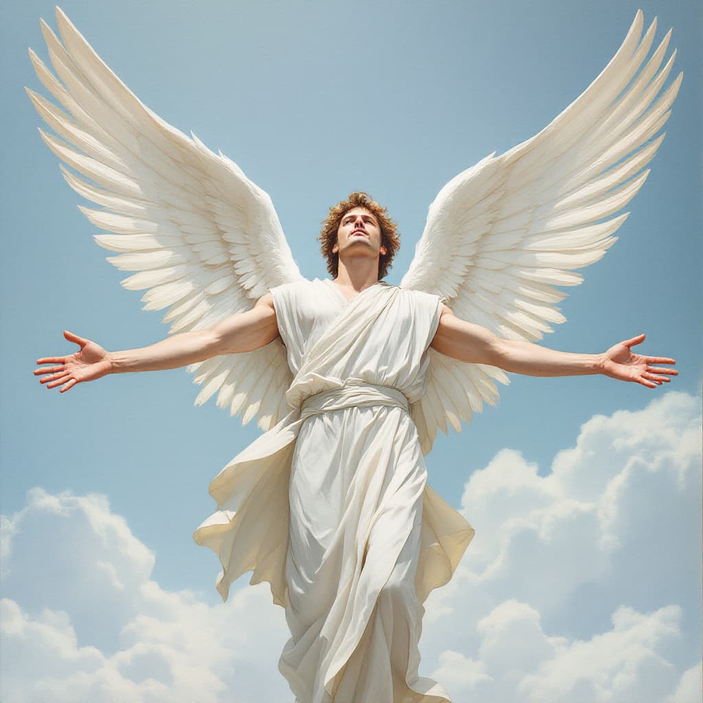 AI generated: An artist's painting of a masculine male, a strong angel, light brown hair, a clean-shaven face, arm...