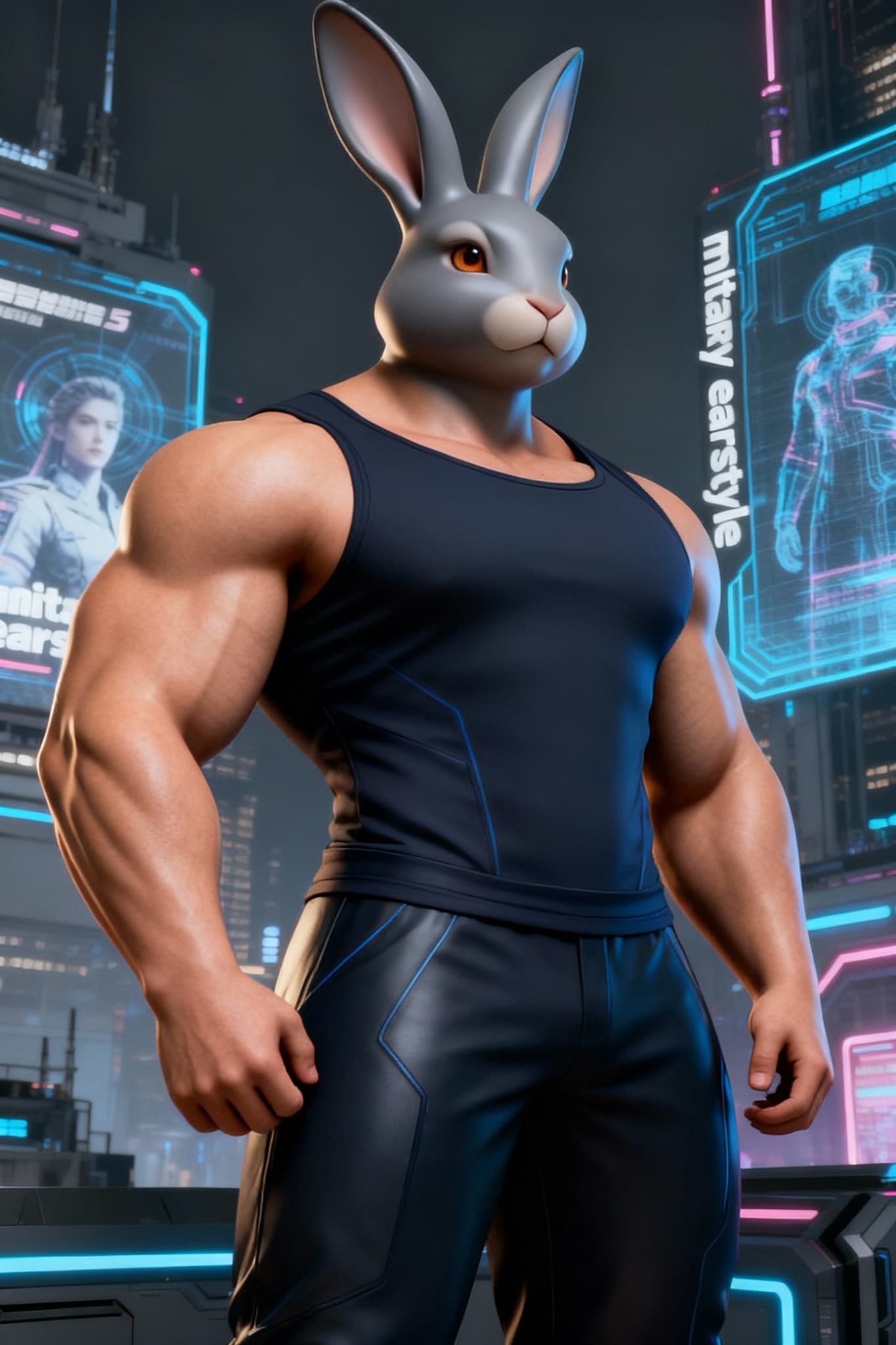 AI generated: Shape my Bugs character so that he is nothing like Bugs Bunny..  A 6-foot-5 anthropomorphic, muscula...