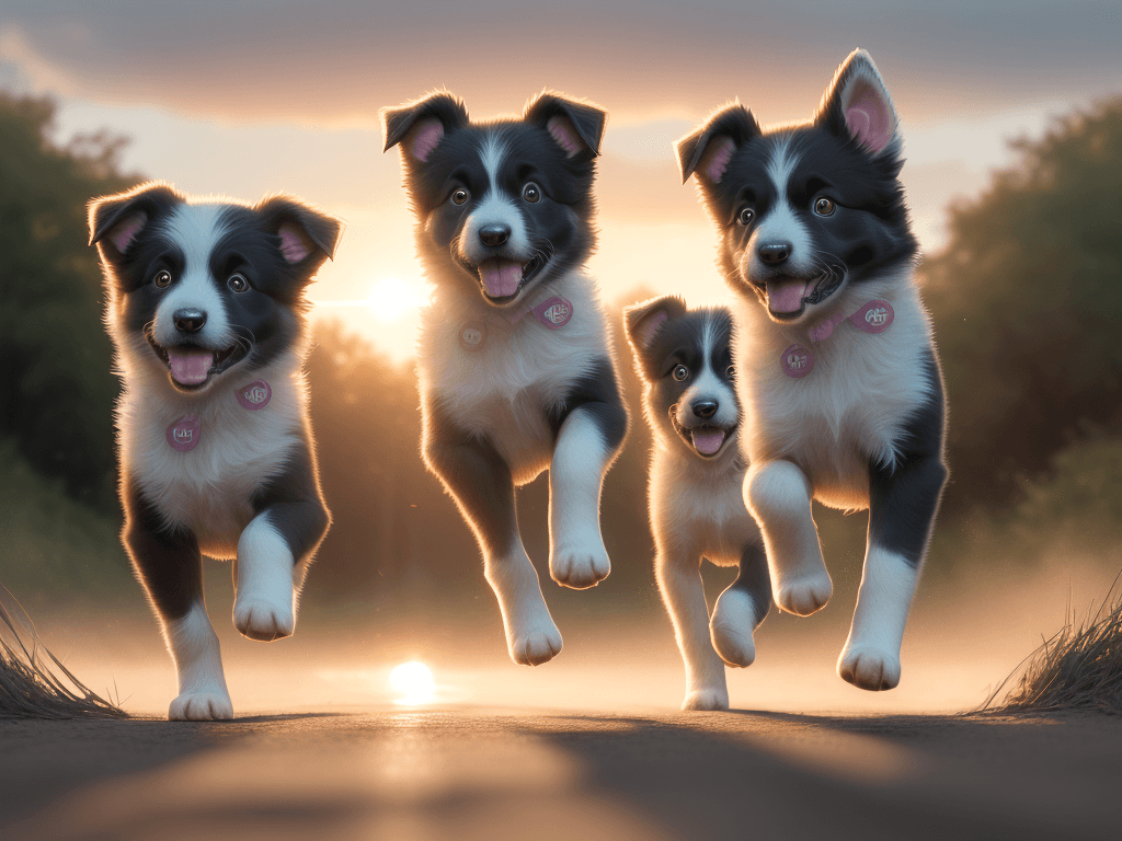 AI generated: Photo of a ultra realistic of a litter of border collie puppies running, paled sunrise, cinematic li...