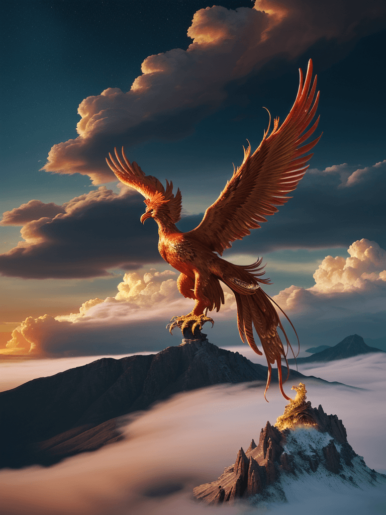 AI generated: A majestic phoenix with vibrant plumage, its fiery wings spread wide, golden feathers illuminating a...