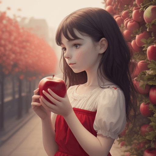 AI generated: a girl holds an apple. the apple is red in color. the girl says it is good. cinematic. 8k. the backg...