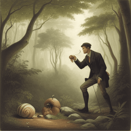 AI generated:  illustration of a man collecting a snail in the forest
