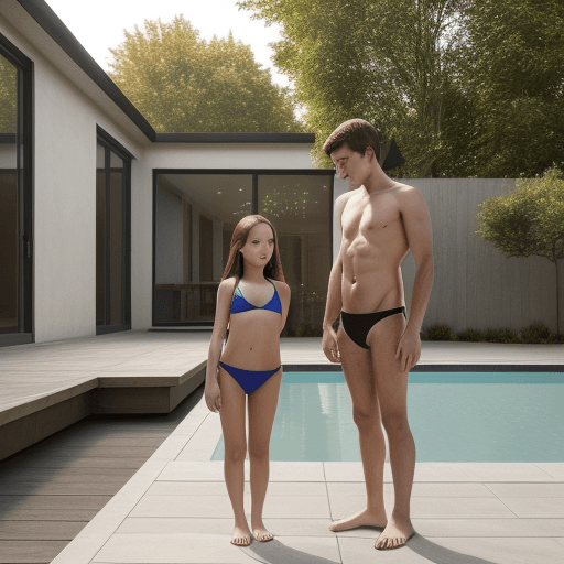 AI generated: Hyper realistic eye level exterior photo of a young girl and a boy touvhing each her body small biki...