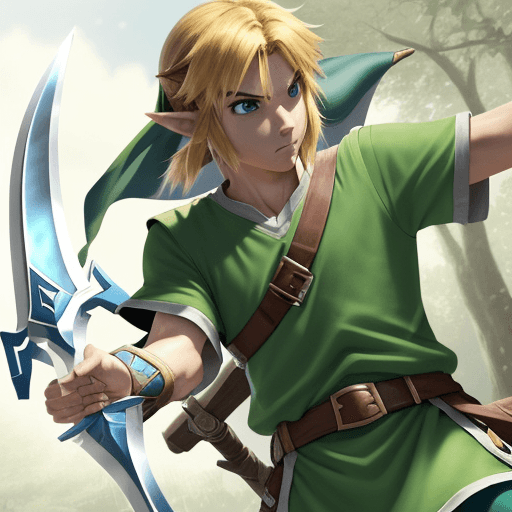 AI generated: Link in a war tunic and with a master sword from Zelda