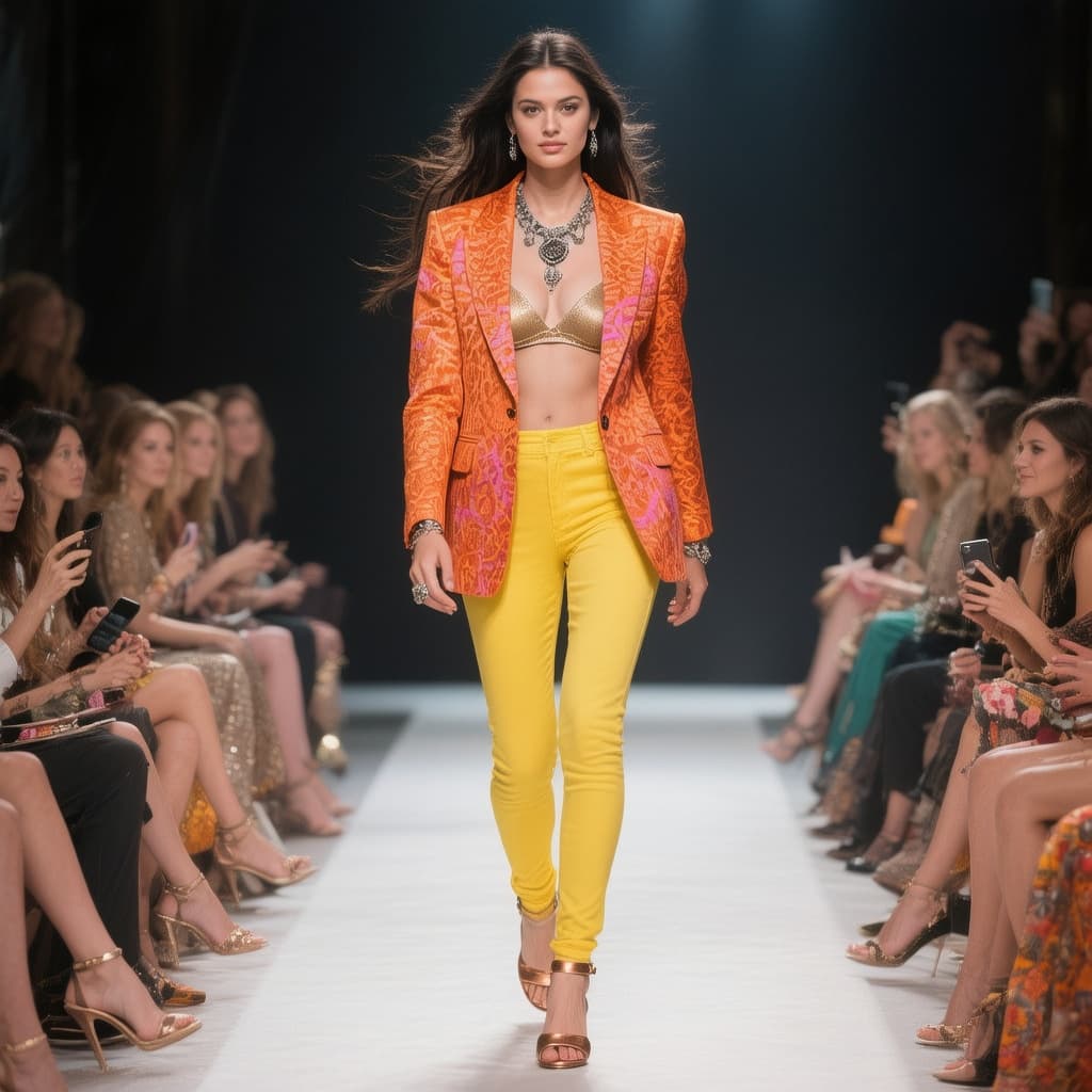 AI generated: A fashion model confidently walks down a runway, showcasing a vibrant orange patterned blazer and br...