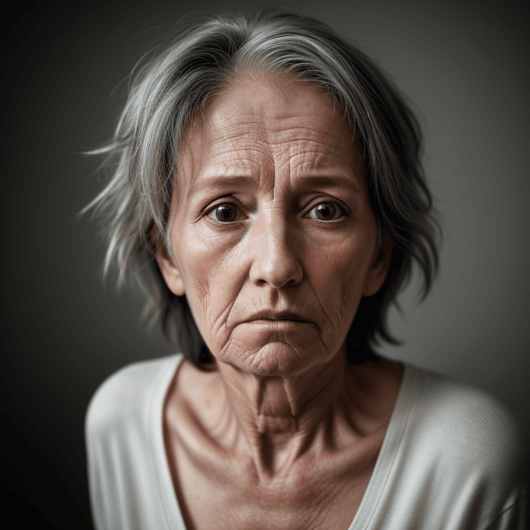 AI generated: hyper realistic headshot photo of a 60 year old,  unkempt woman, she has a depressed look, looking i...