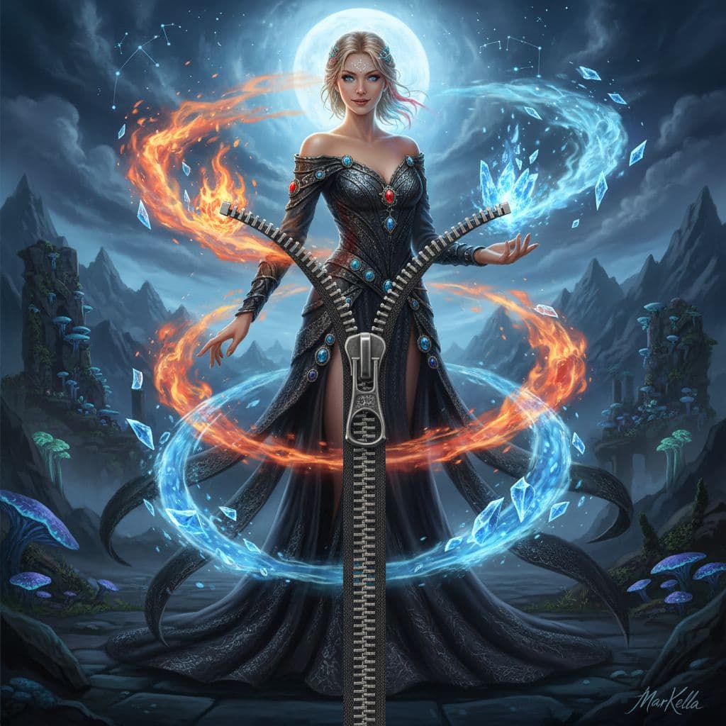 AI generated: A stunning slim female wizard stands poised in a magical dark fantasy realm, casting a mesmerizing s...