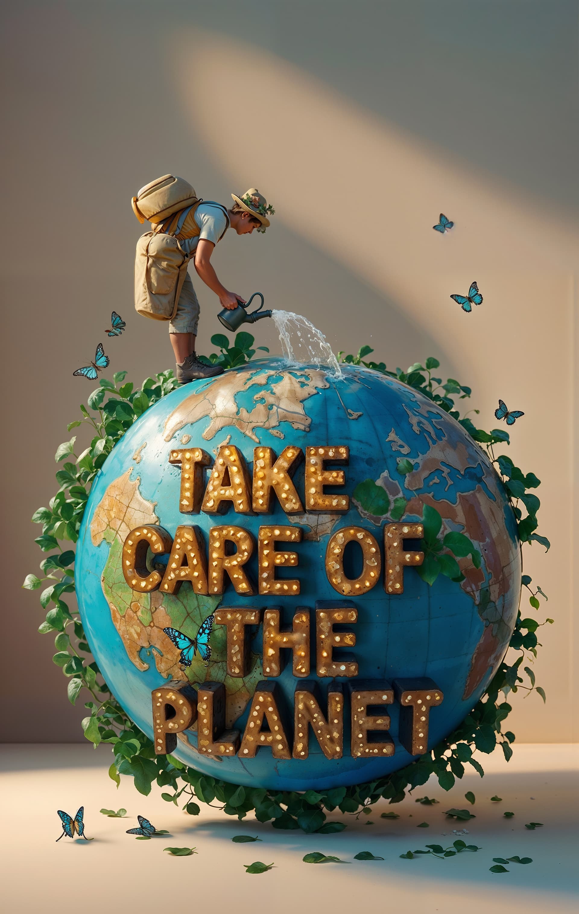 AI generated: An incredible 3D illustration of depicting a gardener standing on a massive globe, watering. The glo...