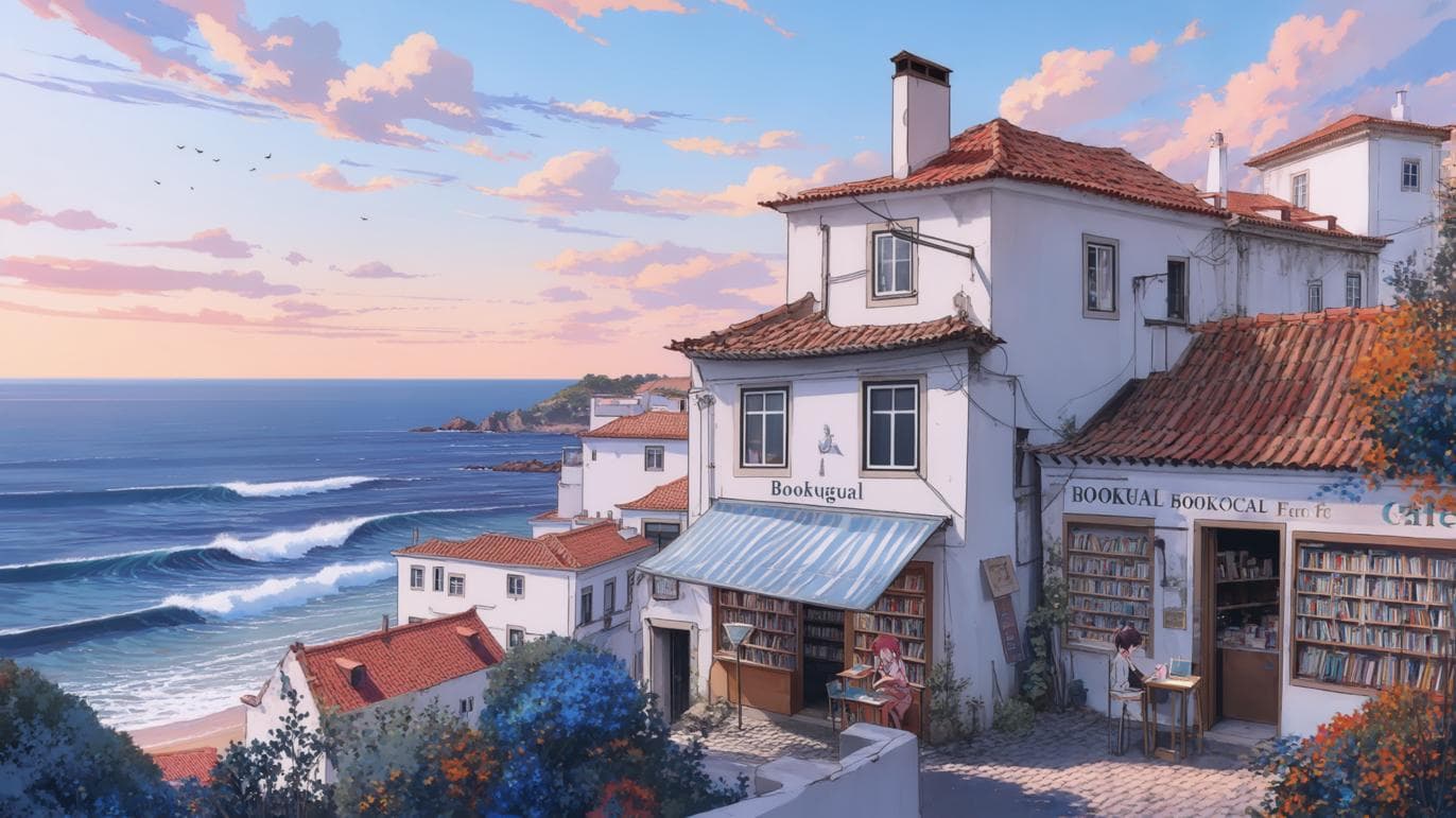 AI generated: Anime-style static desktop wallpaper of a peaceful coastal town in Portugal during early evening. Wh...