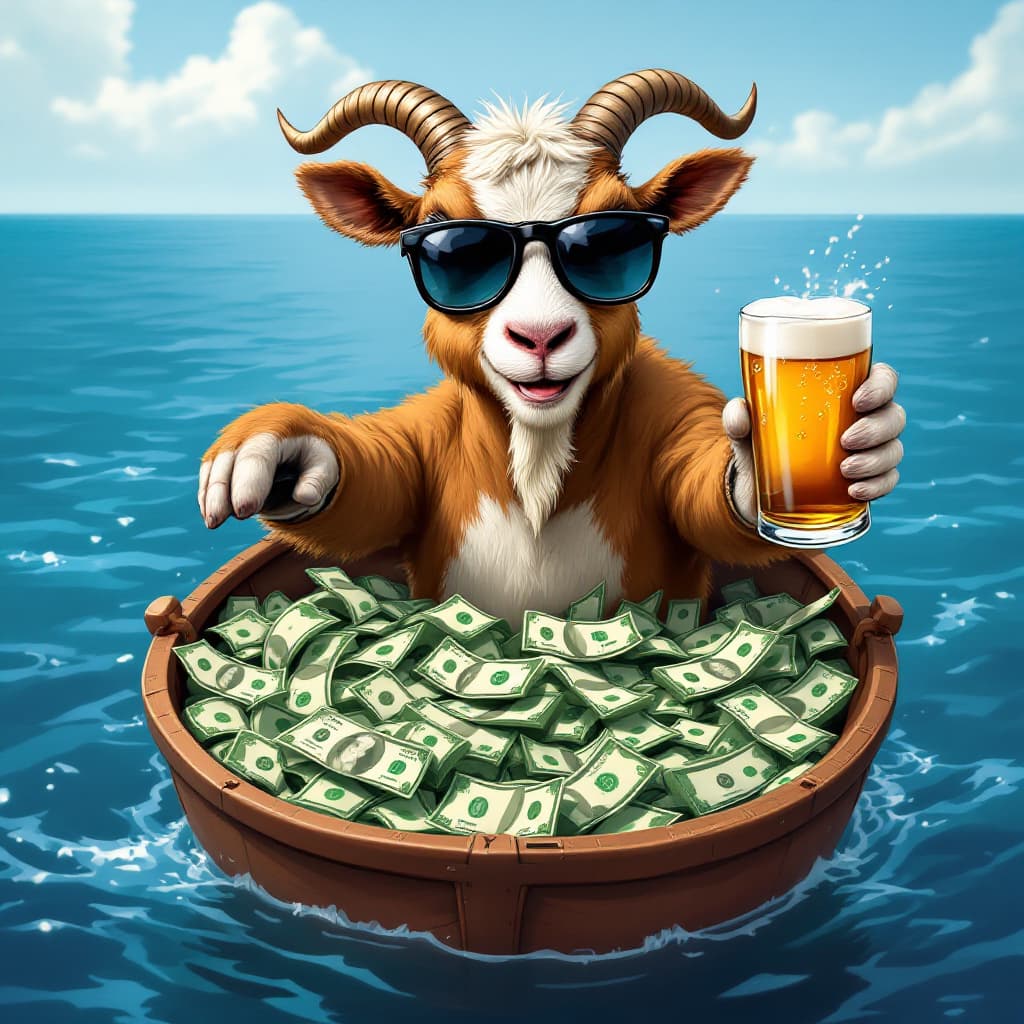 AI generated: A smiley brown goat with dark glasses and a beer in hand pointing towards the camera, the goat is in...