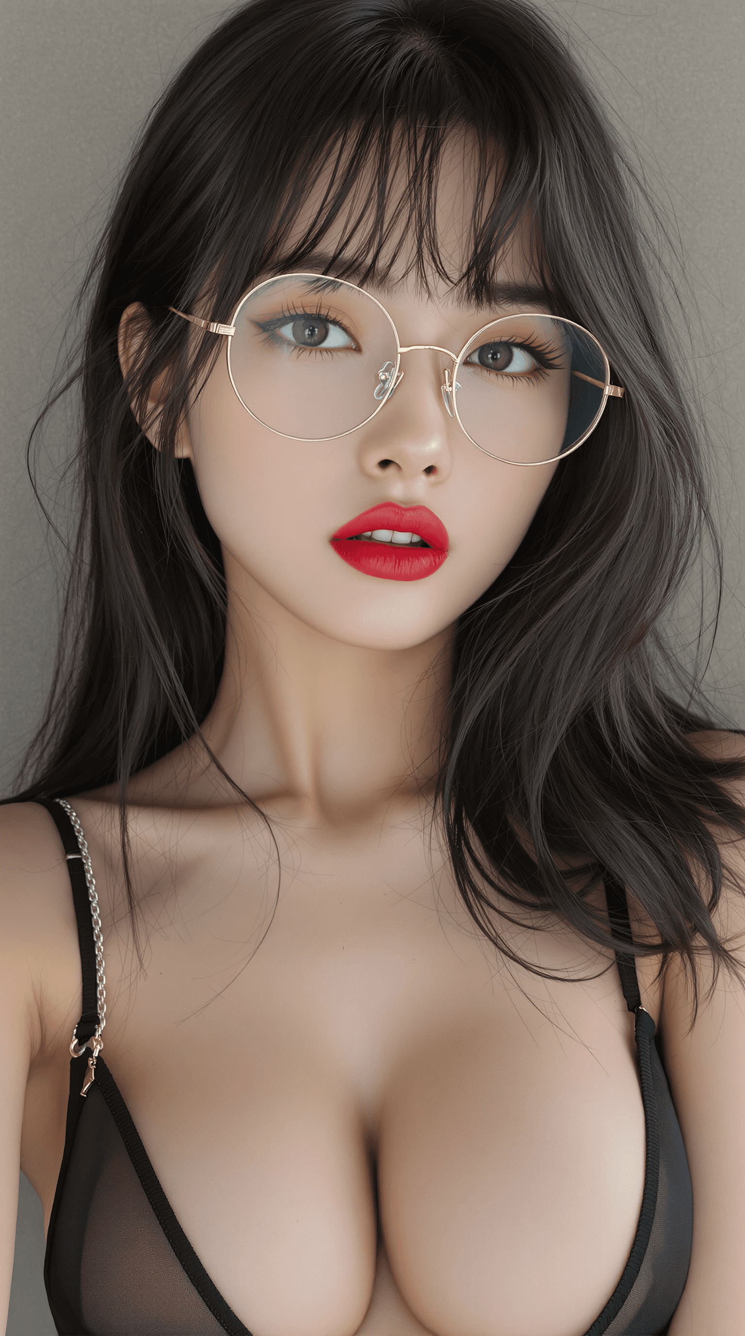 AI generated: korean female model gorgeous ulzzang come hitter look, small lips, shiny hair Black with bangs weari...