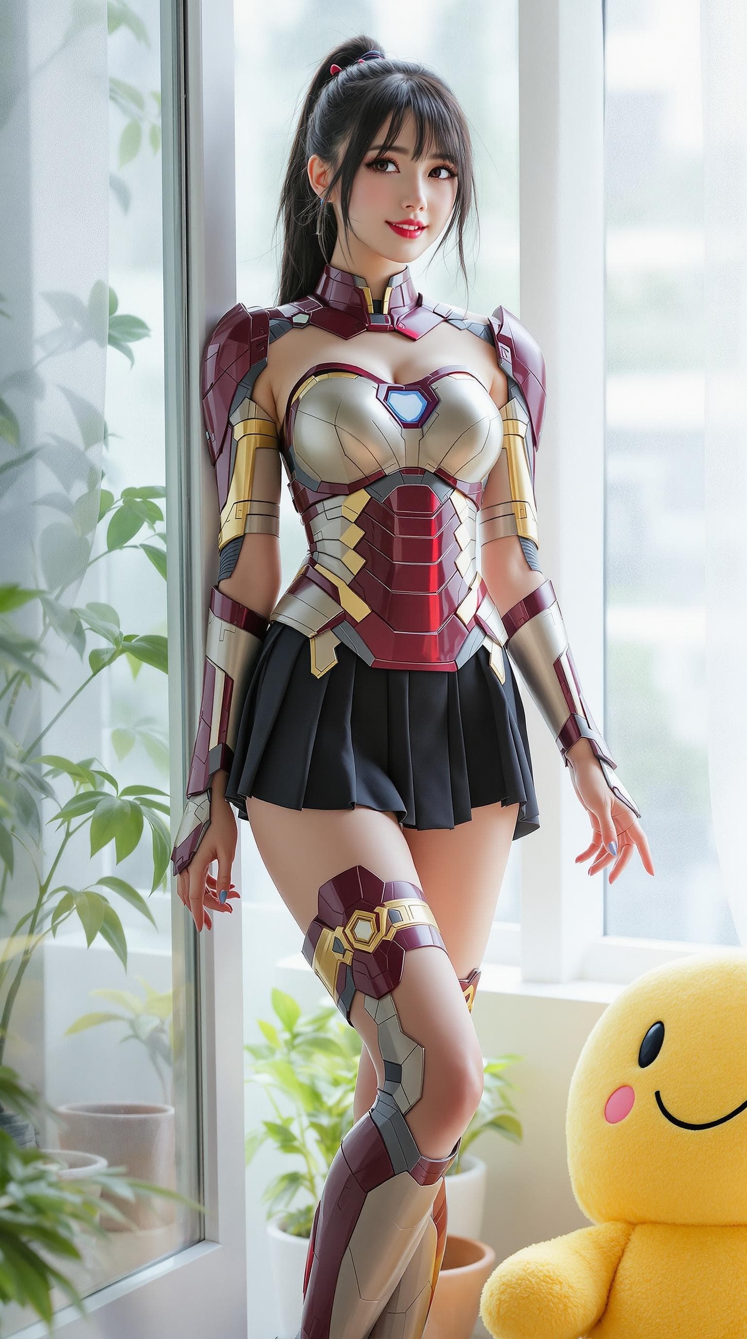 AI generated: a woman action figure character girl , Koren ulzzang face, standing near the window, black hair, pon...