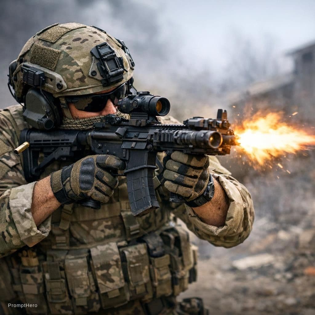 AI generated: A soldier holding a gun shooting 
