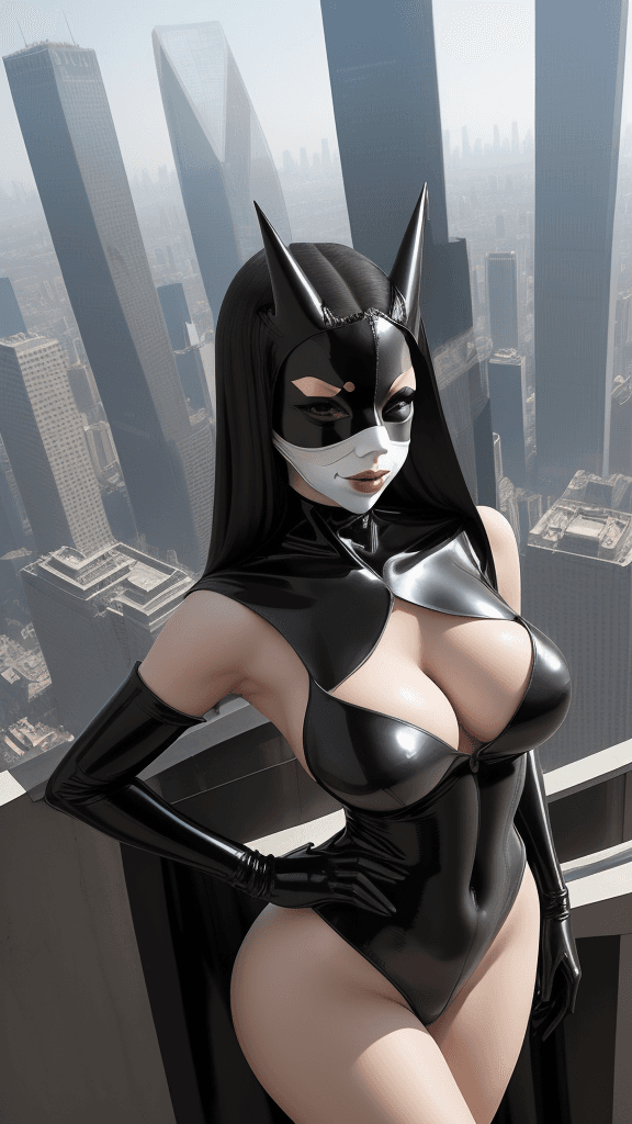 AI generated: adorned in only a latex mask
striking ((cleavage)) and ((clitorius)) cutouts
poses gracefully atop a...