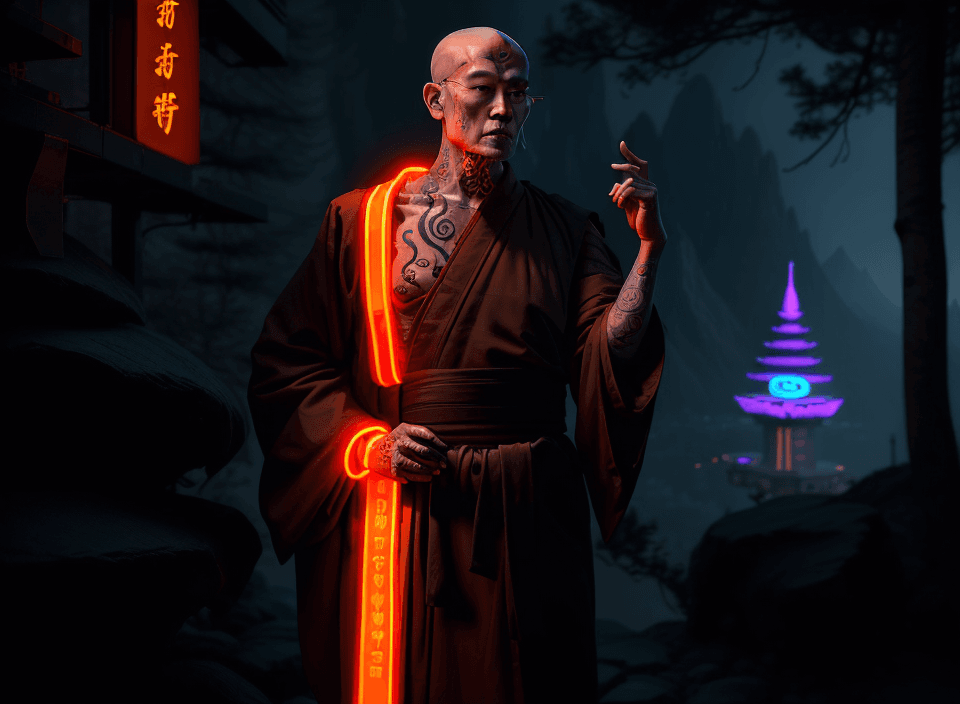 AI generated: The old Buddhist monk master shows you a 26 year old cyberpunk Buddhist with tattooed black hair, on...