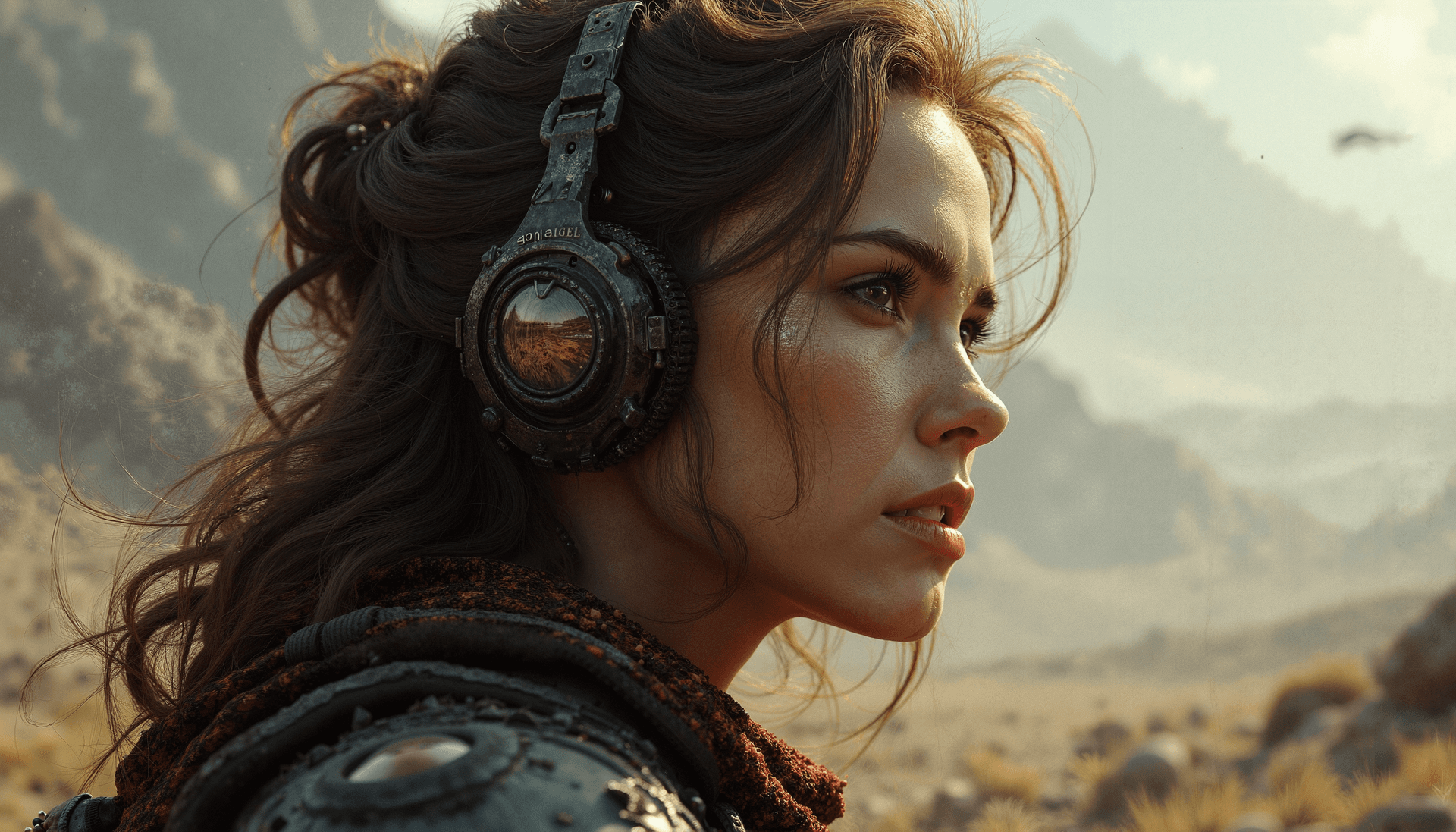 AI generated: portrait painting of a futuristic rugged female rebel, alien world, colonisation, ultra realistic, c...
