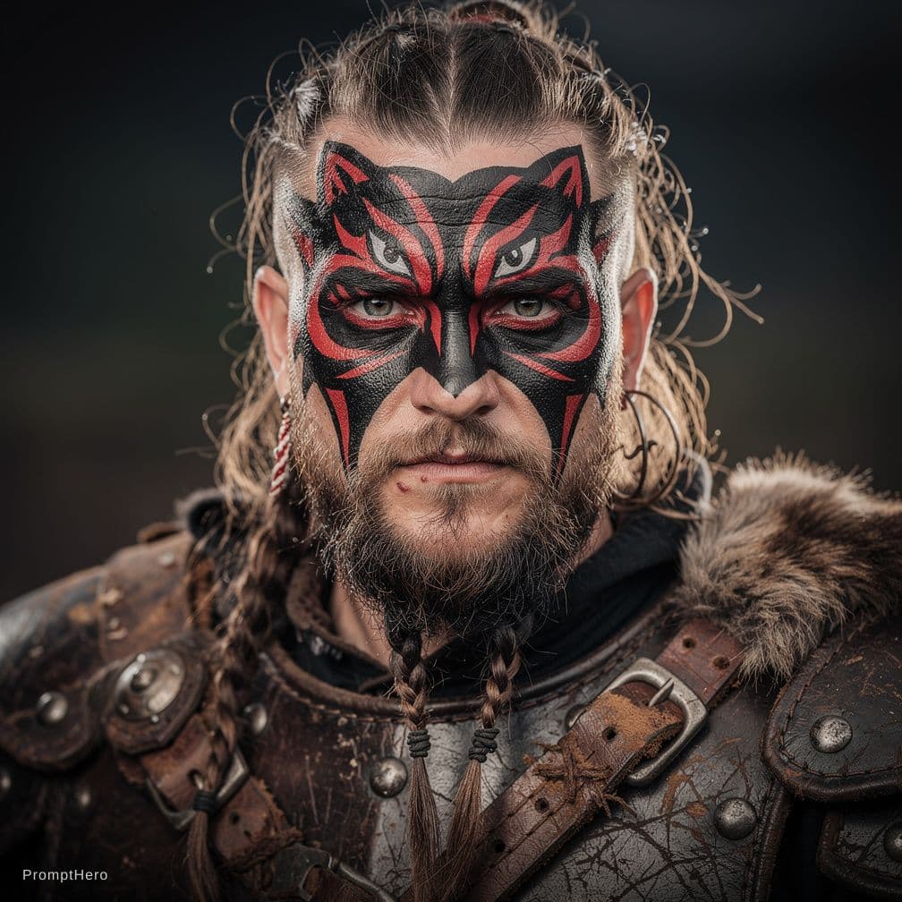 AI generated: hyperrealistic style, portrait photo of a Viking warrior chief, tribal panther make up, red on black...