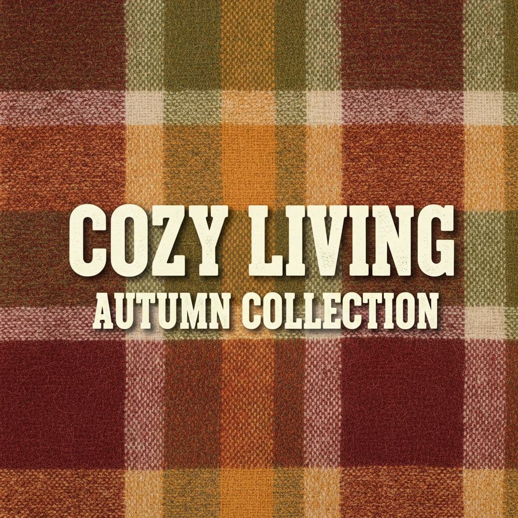 AI generated: Warm plaid textile background, headline text in Alfa Slab One, bold vintage block font.
