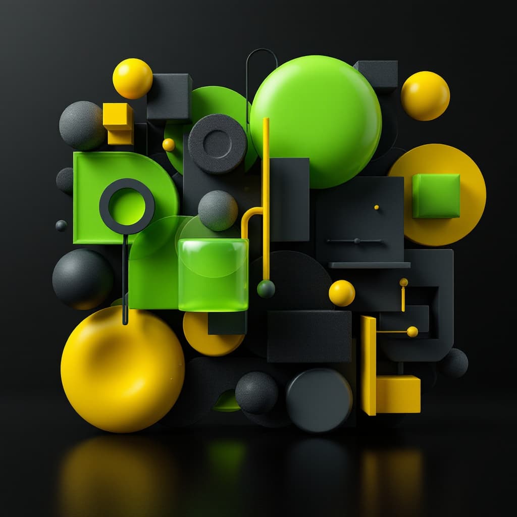 AI generated: 3D geometric shape composition, vivid green and yellow, dark grey colored, various sleek texture, tr...