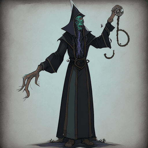AI generated: Character mage design with lovecraft aesthetics. Body complete, Concept art, handmade
