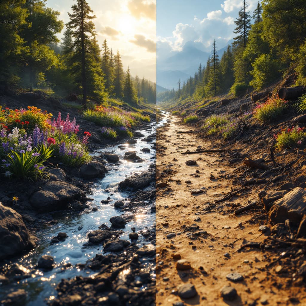 AI generated: A realistic landscape divided in two: on the left, a lush nature with green trees, vibrant flowers a...