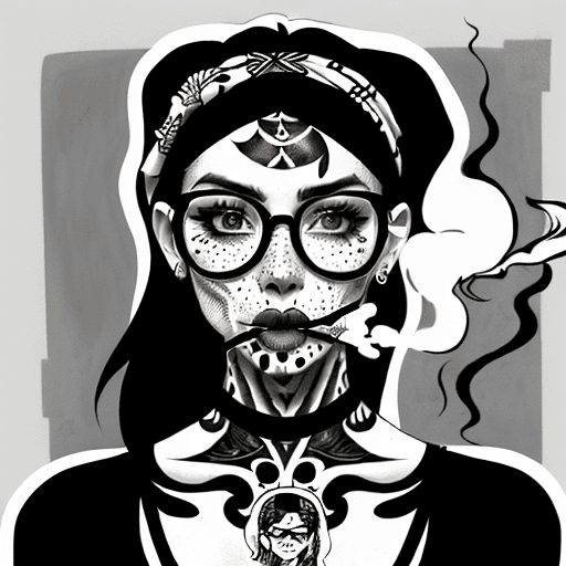 AI generated: detailed black and white drawing of an attractive woman with freckles, wearing large round glasses, ...