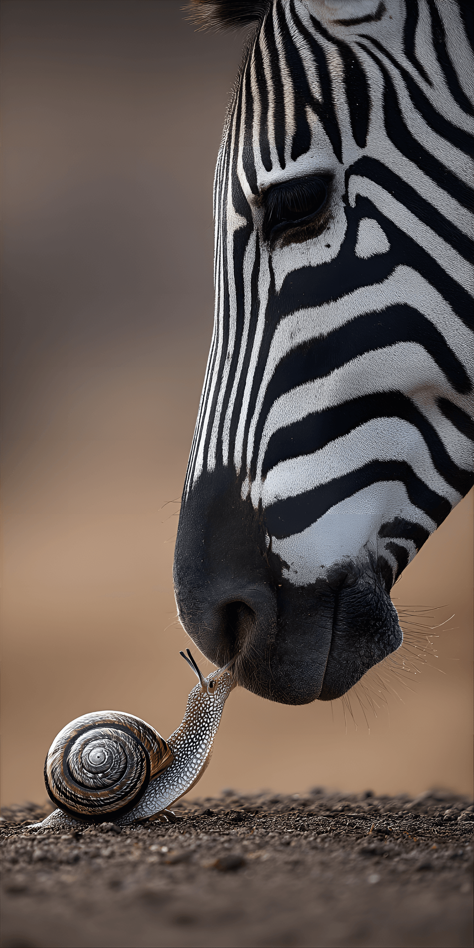 AI generated: close-up photograph showcasing an unexpected interaction between a zebra and a snail. The head and n...