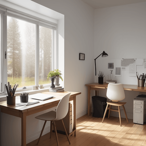 AI generated: A cozy Scandinavian home office, natural oak desk, ambient lighting from a floor-to-ceiling window, ...