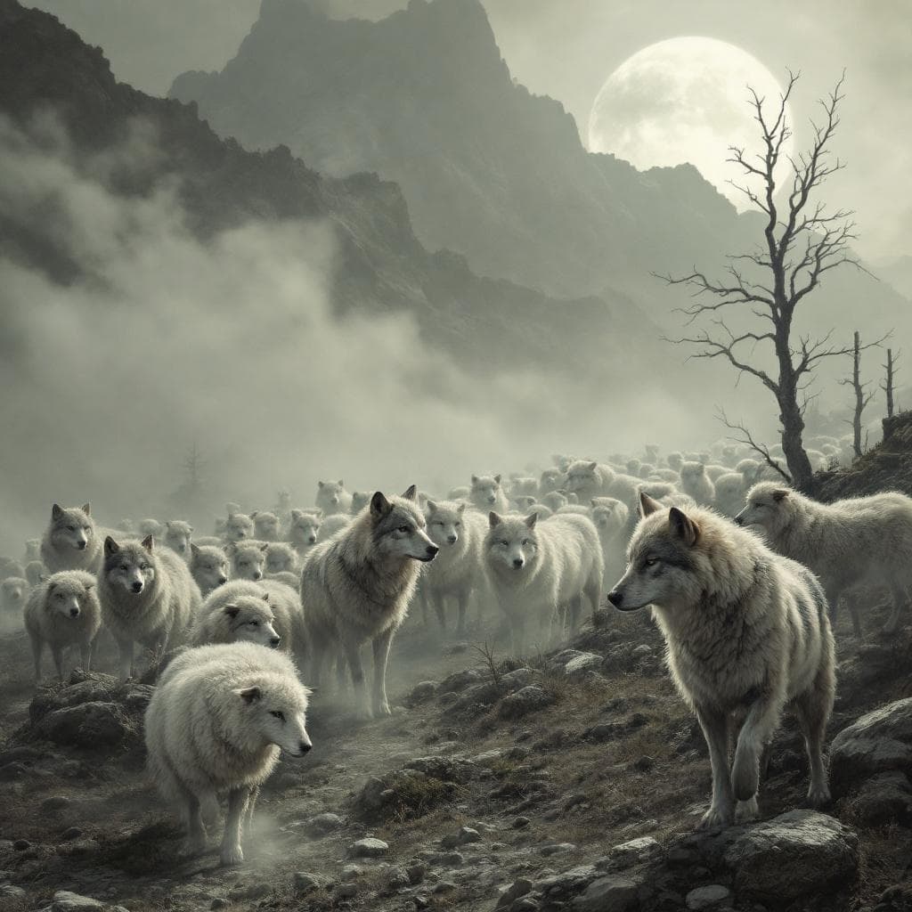 AI generated: a flock of wolves guarded by a sheep