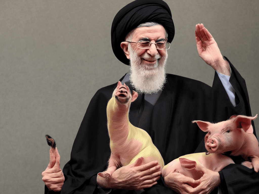 AI generated: Photo of ali khamenei holding one pig and laughing