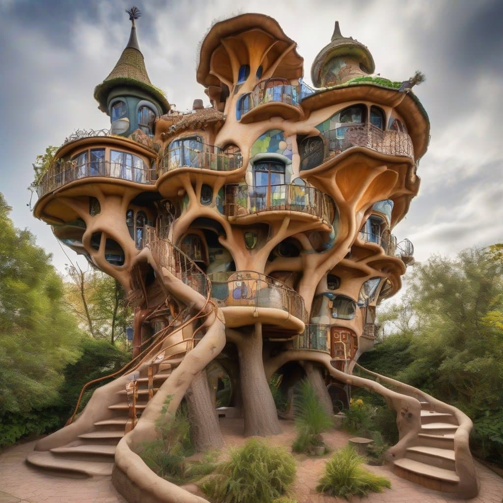 AI generated: A fantasy treehouse designed by Gaudi and Hundertwasser, wide-angle view