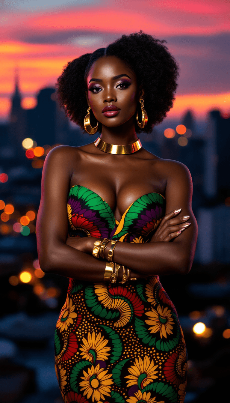 AI generated: /imagine prompt: A striking African woman with smooth dark skin, a confident gaze, and full lips, we...