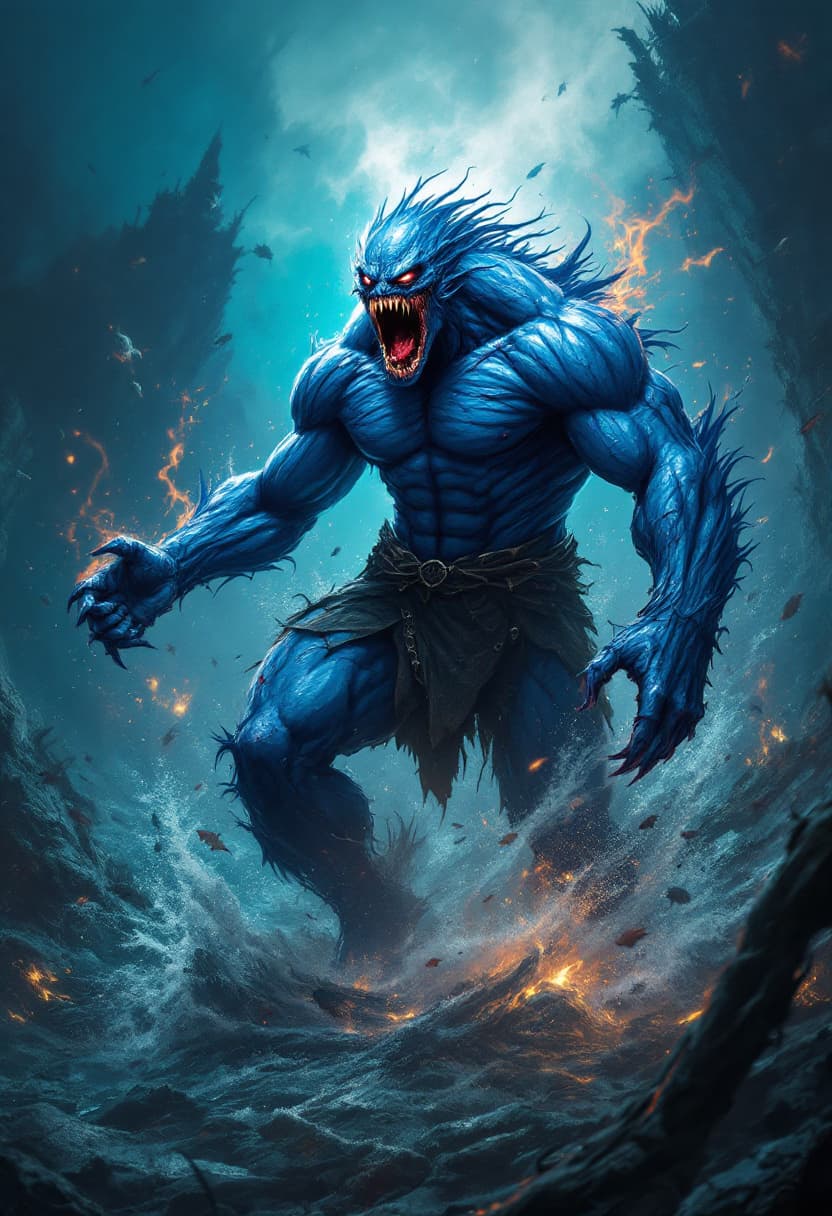 AI generated: Deep sea creature with blue skin color and human body (with human body), bodybuilding athlete figure...